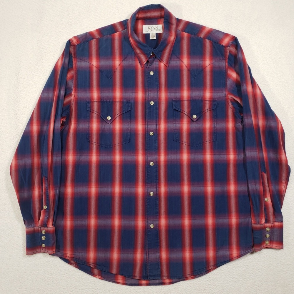 Ryan Michael Pearl Snap Shirt‎ Men Medium Blue Red Plaid Western Yoke Cotton